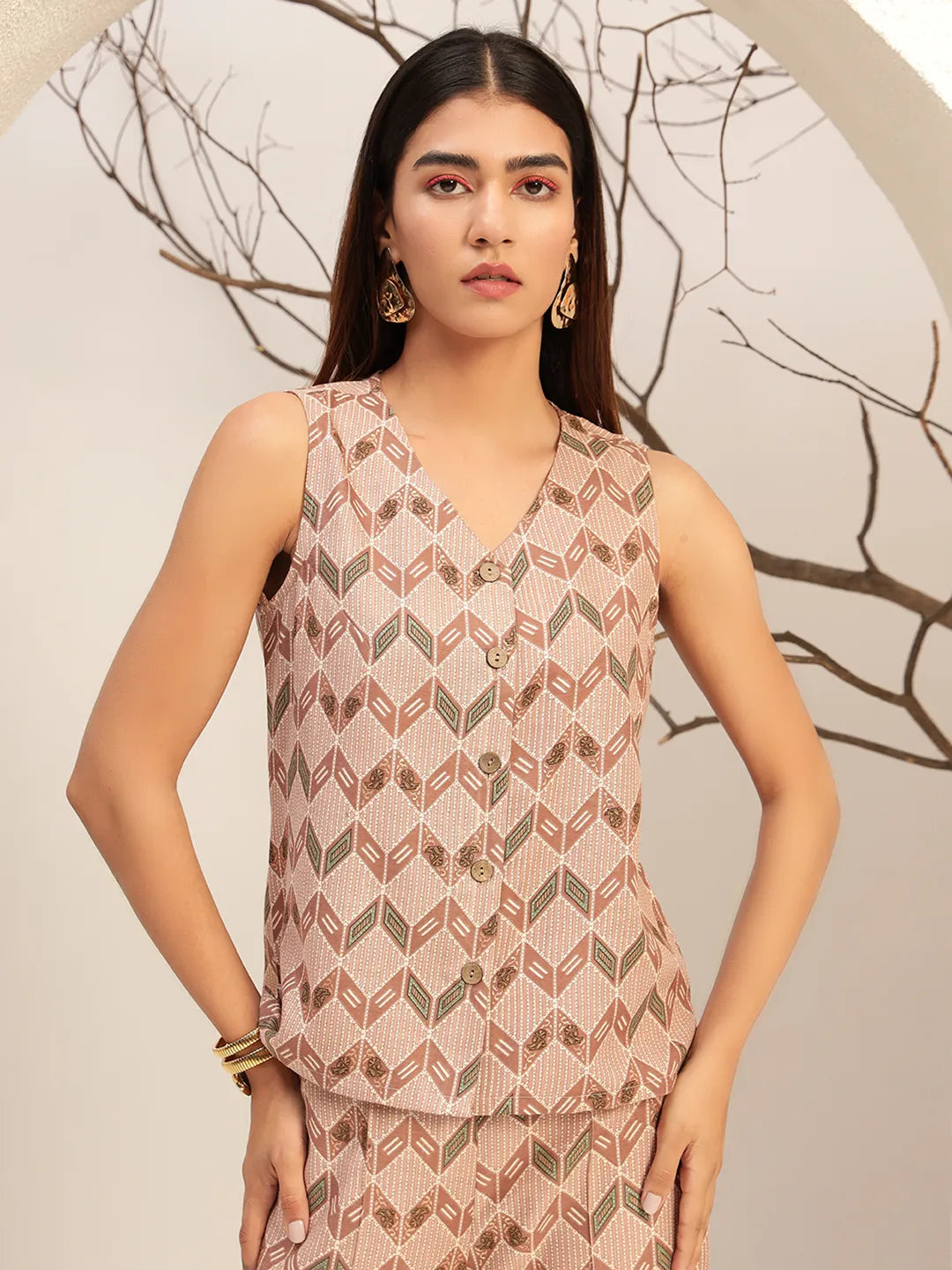 Printed with V-Neck Causal Tunic & Trouser With Waistcoat Co-Ords